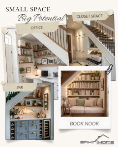 Creative under-the-stairs storage ideas including a custom home office, built-in closet, bar, and reading nook for vacation homes and condos in Meredith, Lincoln, Waterville Valley, and the New Hampshire Lakes Region.