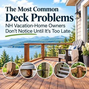 Common deck problems NH vacation-home owners may overlook, including wood rot, water damage, loose connections, deteriorating stairs, and railing issues.